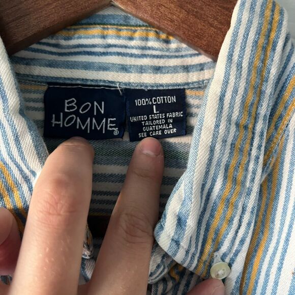 Vintage Bon Homme Long Sleeve Button Up | Mens Large Blue Striped | Size L - Picture 3 of 5